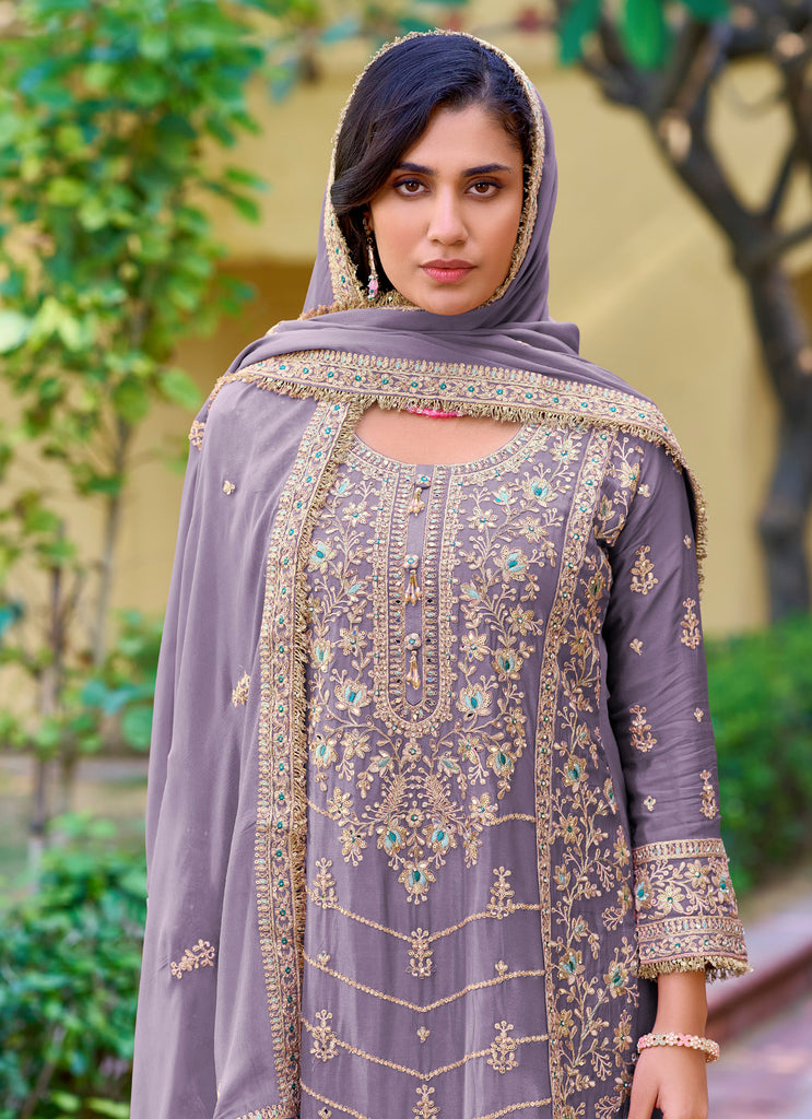 Light Mauve Designer Embroidered Wedding Party Wear Chinon Salwar Suit-Saira's Boutique