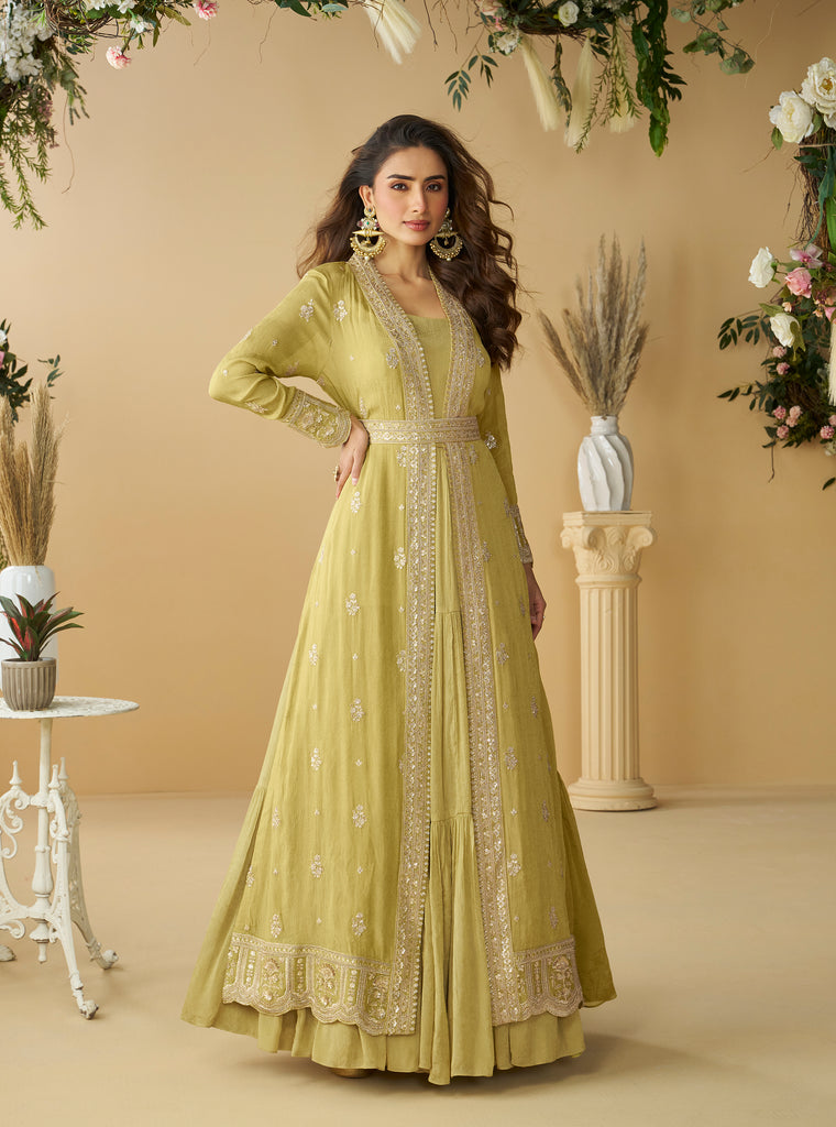 Light Mustard Designer Embroidered Party Wear Shrug Style Gown with Belt-Saira's Boutique
