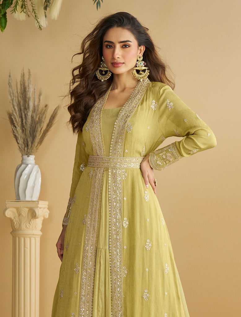 Light Mustard Designer Embroidered Party Wear Shrug Style Gown with Belt-Saira's Boutique