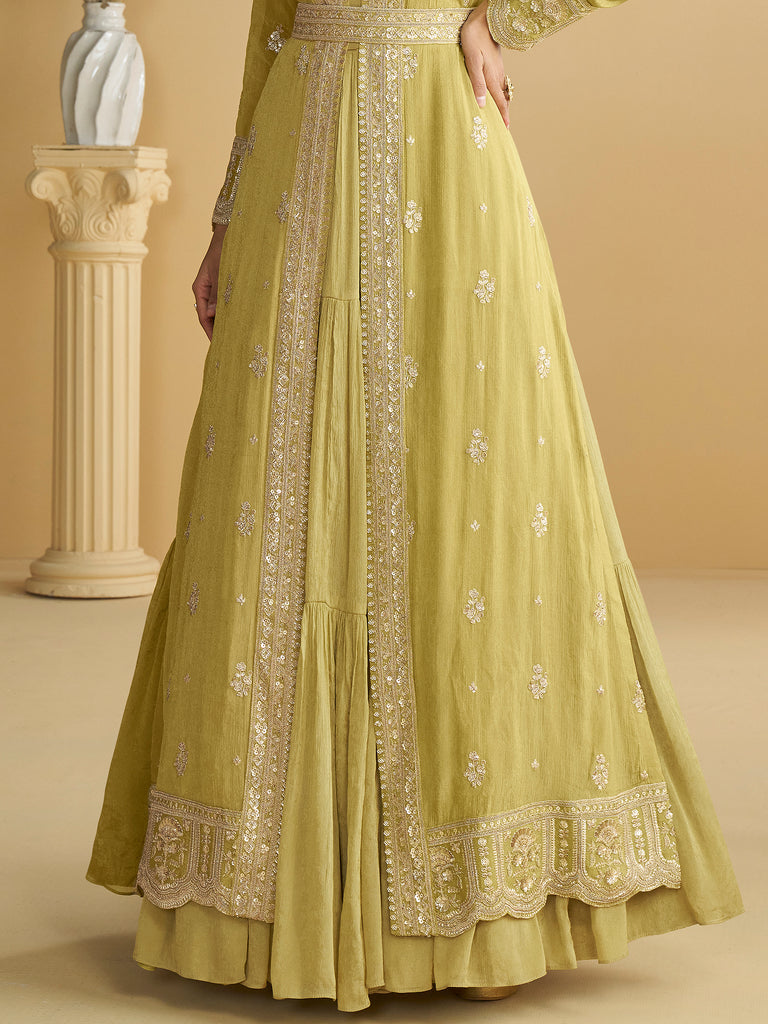 Light Mustard Designer Embroidered Party Wear Shrug Style Gown with Belt-Saira's Boutique
