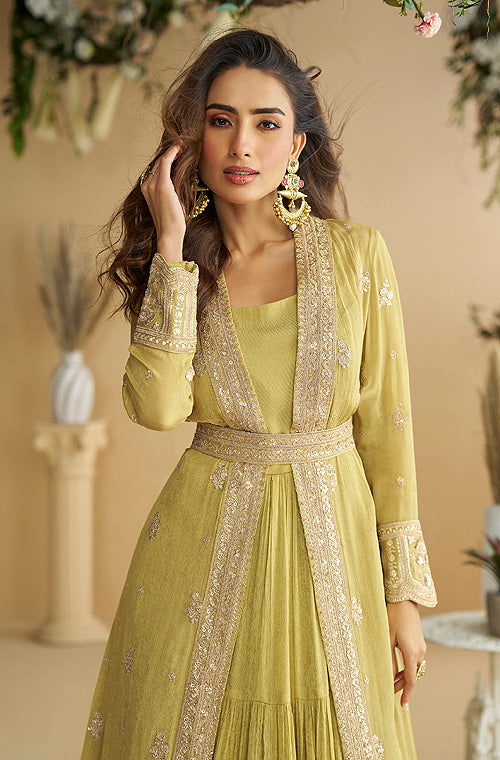 Light Mustard Designer Embroidered Party Wear Shrug Style Gown with Belt-Saira's Boutique