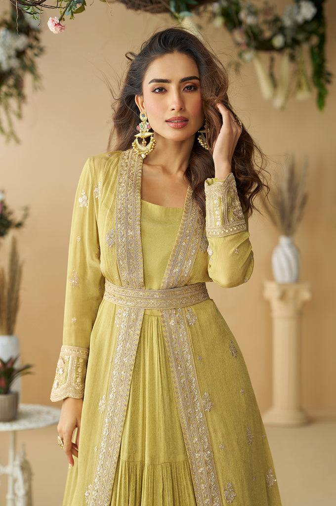Light Mustard Designer Embroidered Party Wear Shrug Style Gown with Belt-Saira's Boutique
