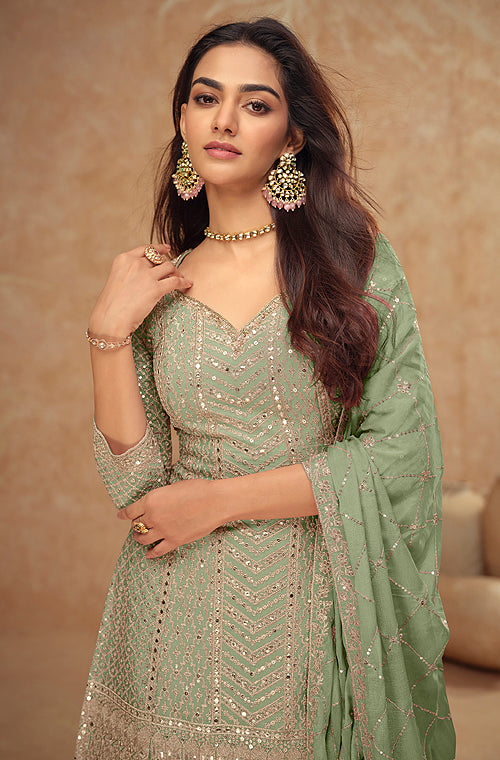 Light Pista Green Designer Embroidered Wedding Sharara Suit-Saira's Boutique