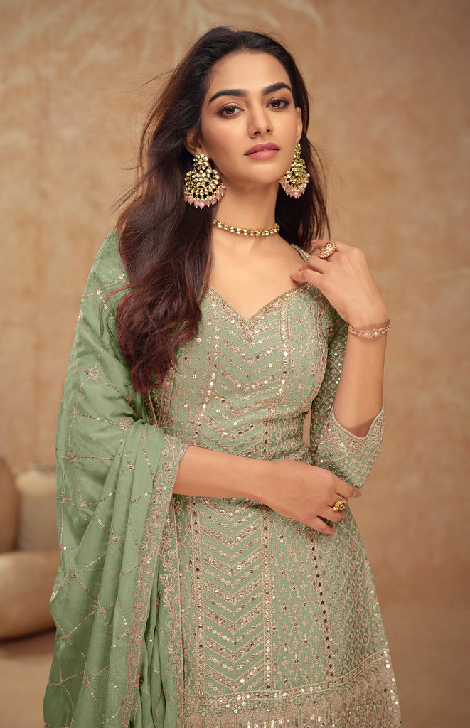 Light Pista Green Designer Embroidered Wedding Sharara Suit-Saira's Boutique