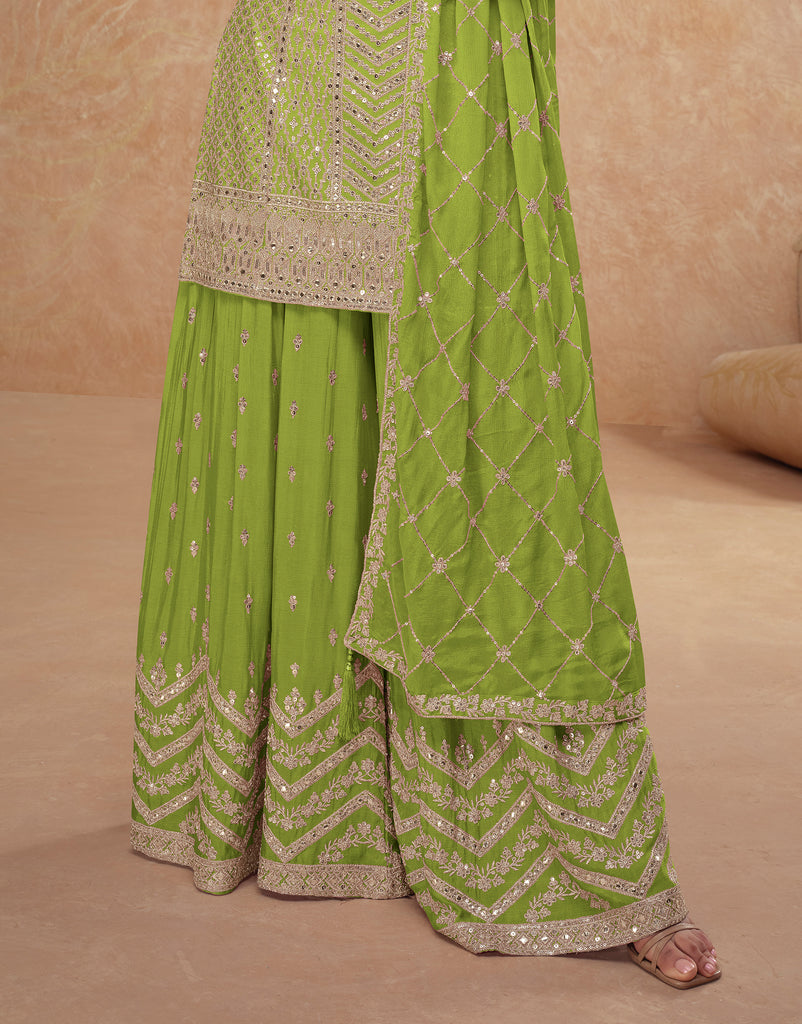 Lime Green Designer Embroidered Wedding Sharara Suit-Saira's Boutique