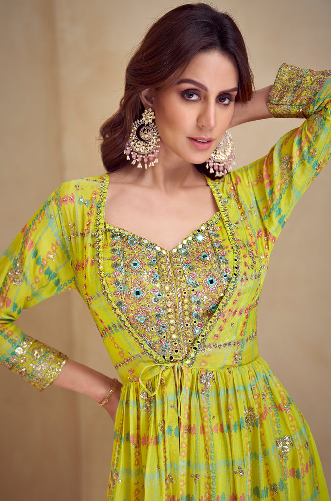 Lime Olive Green Designer Embroidered Party Wear Kurti Style Palazzo Suit-Saira's Boutique