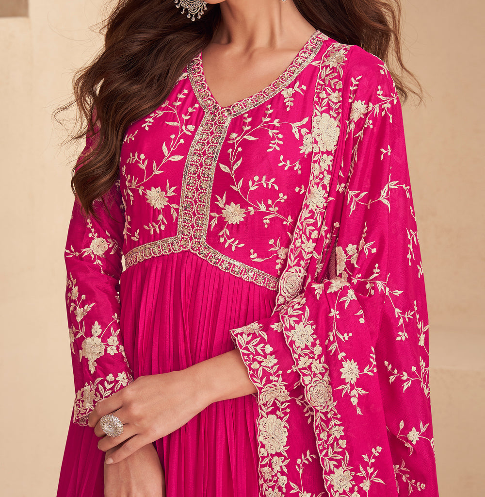Magenta Designer Embroidered Chinon Silk Party Wear Anarkali Suit-Saira's Boutique