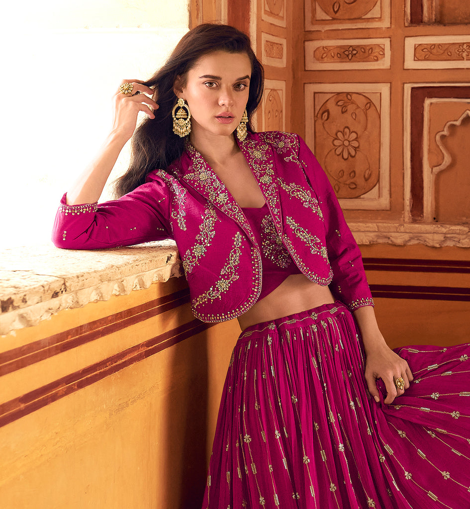 Magenta Designer Embroidered Party Wear Jacket Style Chinon Lehenga-Saira's Boutique