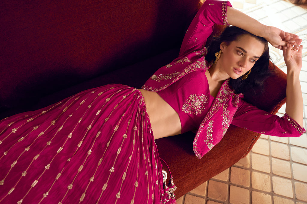 Magenta Designer Embroidered Party Wear Jacket Style Chinon Lehenga-Saira's Boutique