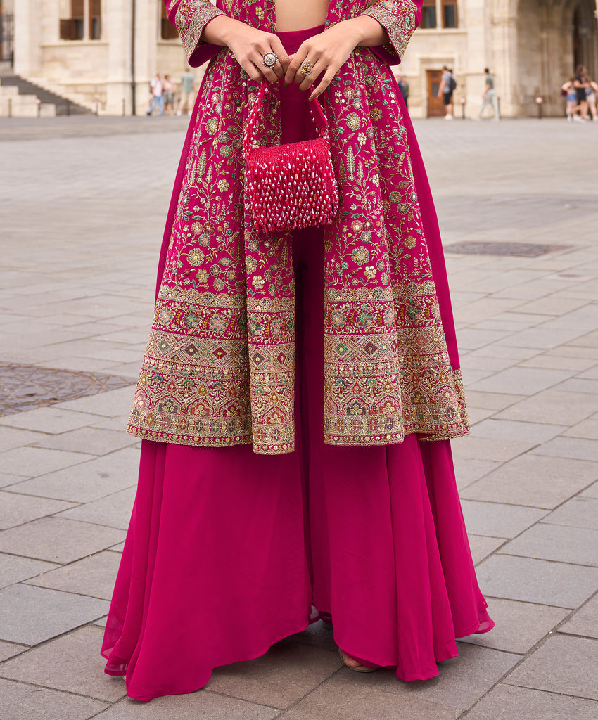 Magenta Designer Embroidered Party Wear Palazzo Suit with Shrug-Saira's Boutique