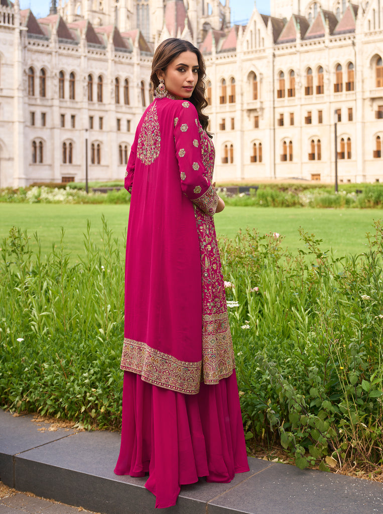 Magenta Designer Embroidered Party Wear Palazzo Suit with Shrug-Saira's Boutique
