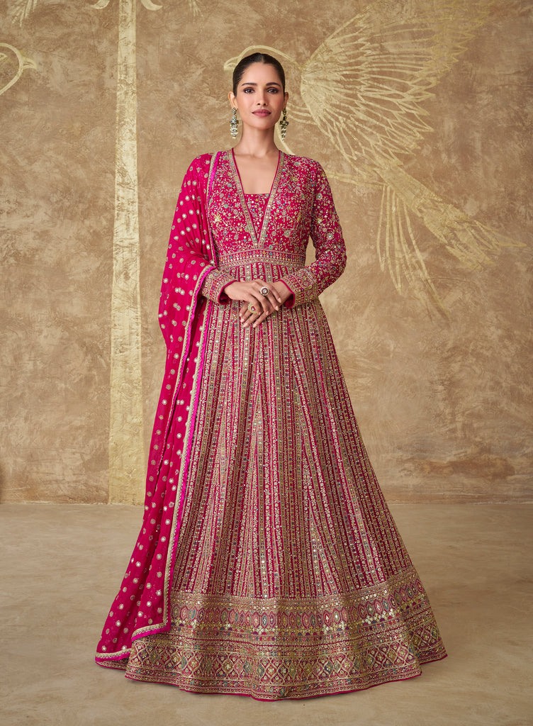 Magenta Designer Heavy Embroidered Georgette Wedding Anarkali Gown-Saira's Boutique