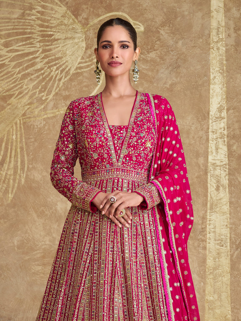 Magenta Designer Heavy Embroidered Georgette Wedding Anarkali Gown-Saira's Boutique