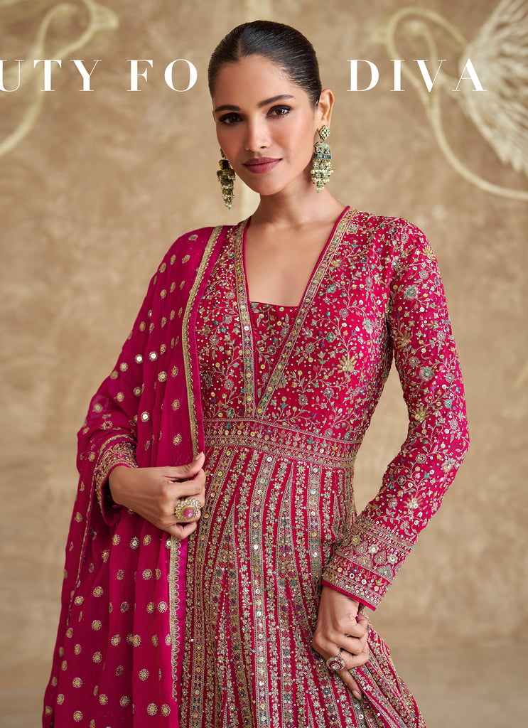 Magenta Designer Heavy Embroidered Georgette Wedding Anarkali Gown-Saira's Boutique