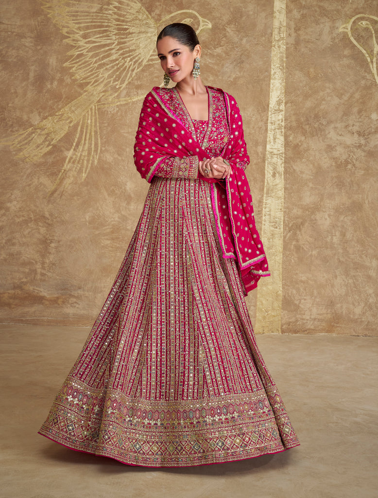 Magenta Designer Heavy Embroidered Georgette Wedding Anarkali Gown-Saira's Boutique