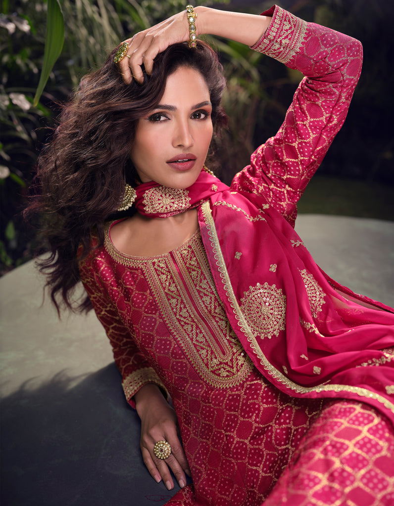 Magenta Designer Embroidered Jacquard Silk Anarkali Style Palazzo Suit-Saira's Boutique