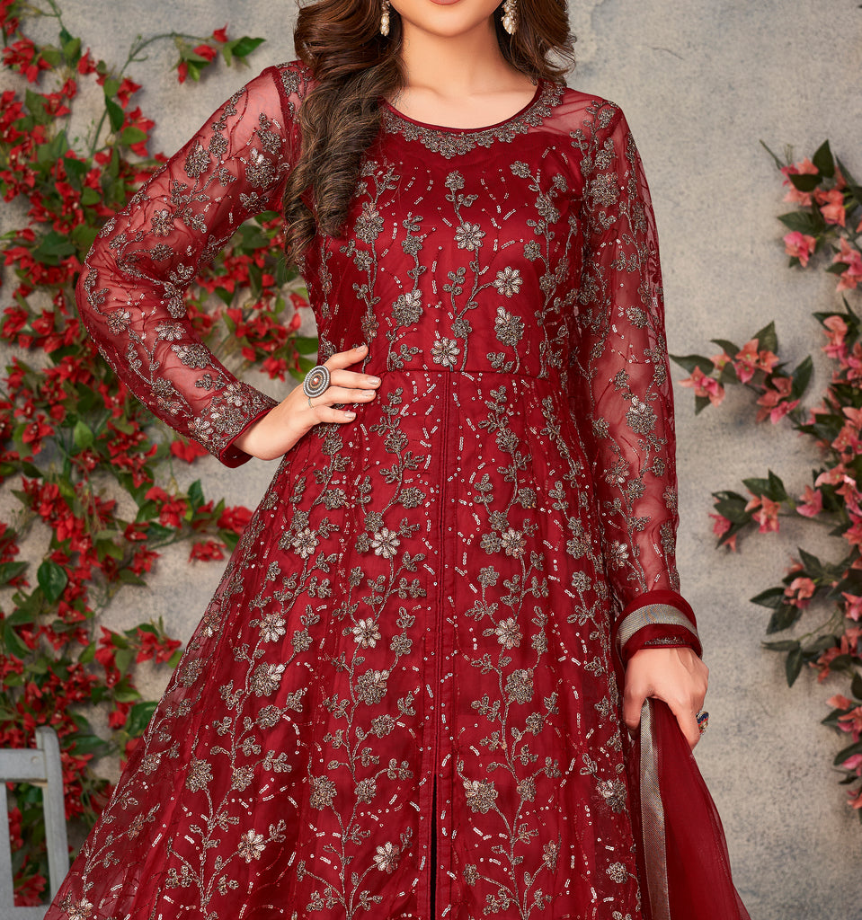 Maroon Designer Heavy Embroidered Net Party Wear Anarkali Gown-Saira's Boutique