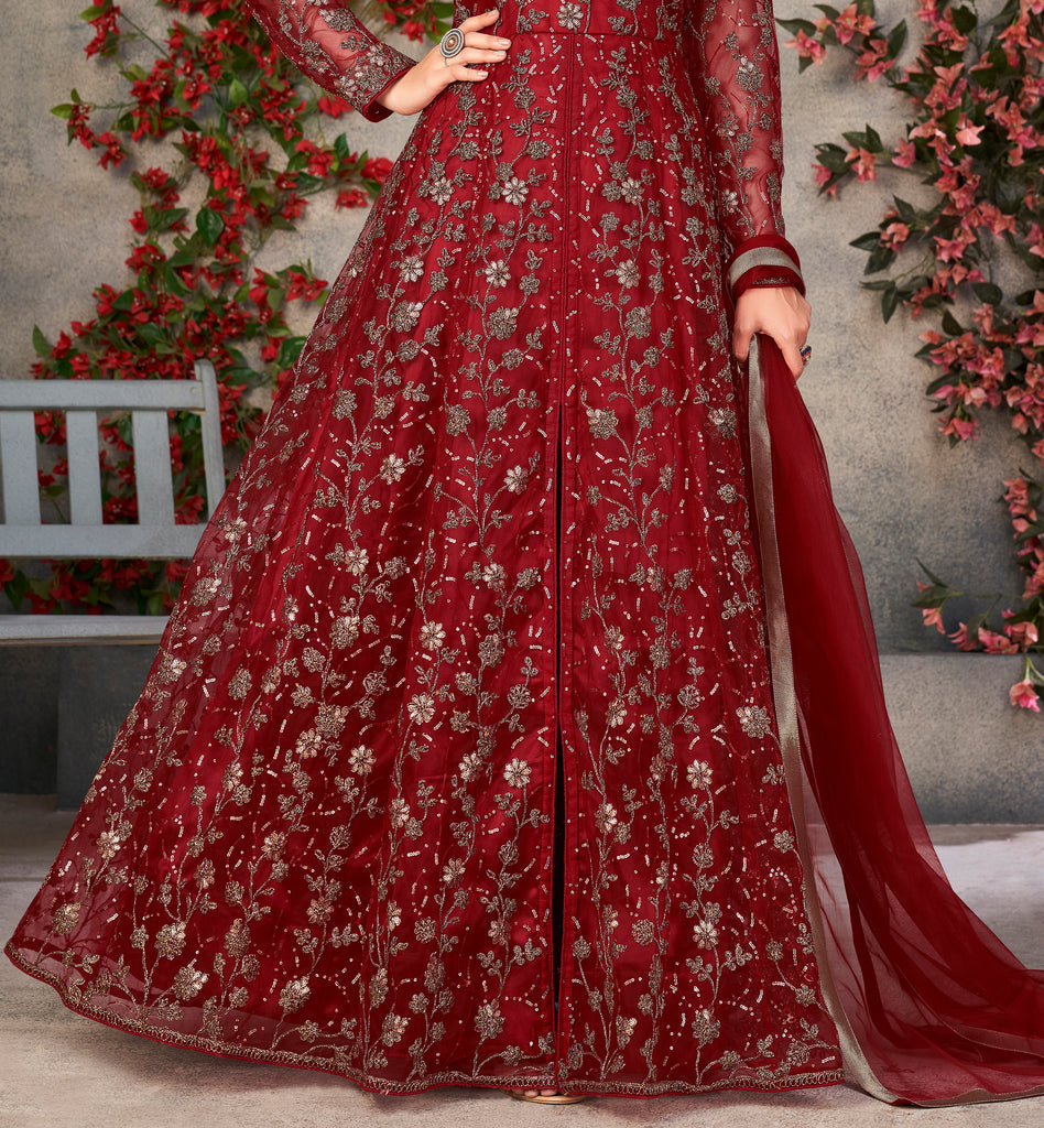 Maroon Designer Heavy Embroidered Net Party Wear Anarkali Gown-Saira's Boutique