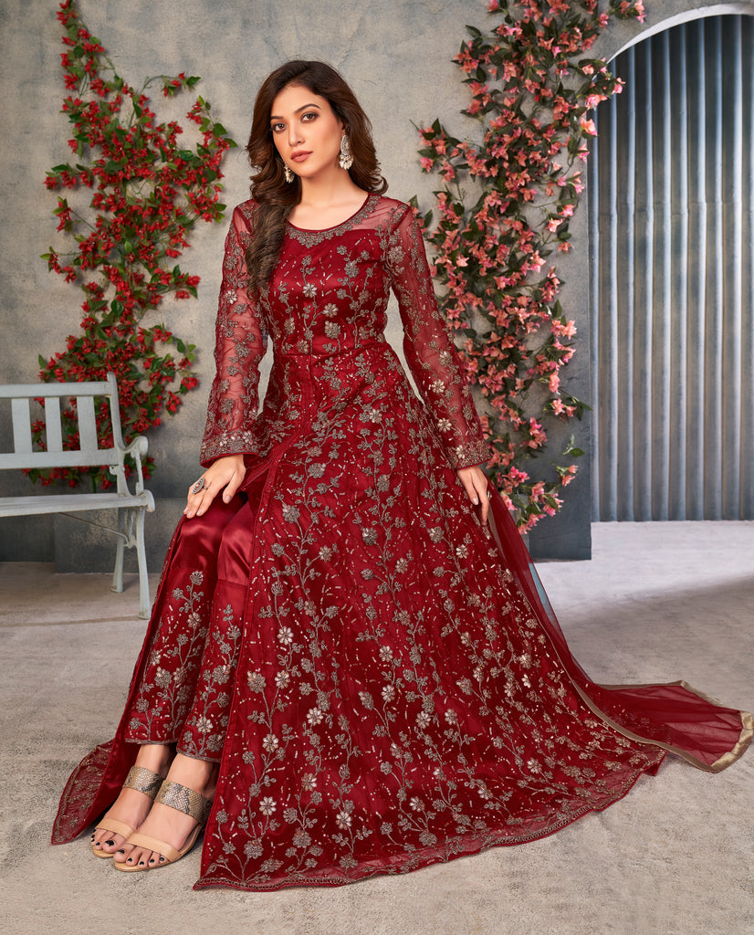 Maroon Designer Heavy Embroidered Net Party Wear Anarkali Gown-Saira's Boutique