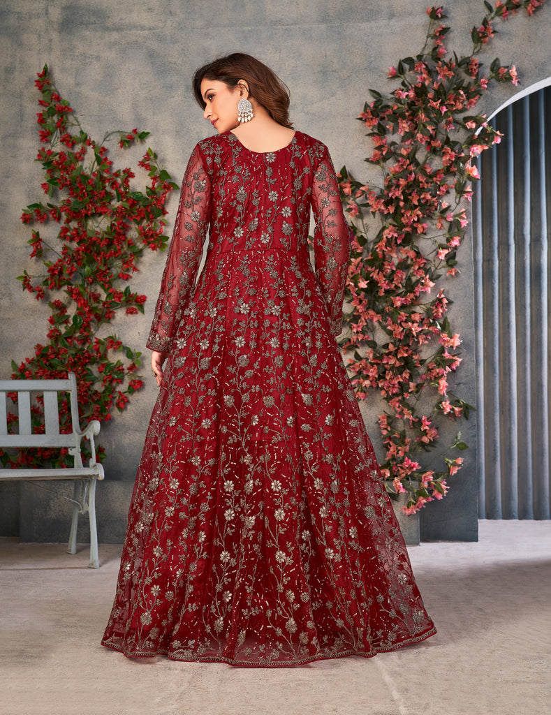 Maroon Designer Heavy Embroidered Net Party Wear Anarkali Gown-Saira's Boutique