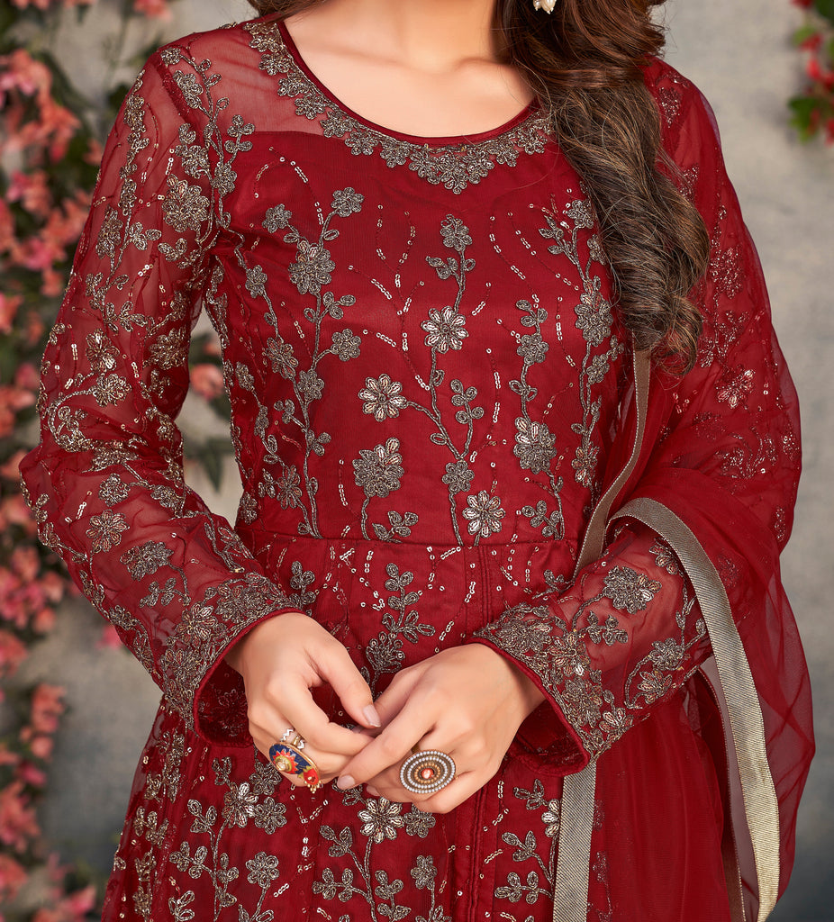 Maroon Designer Heavy Embroidered Net Party Wear Anarkali Gown-Saira's Boutique