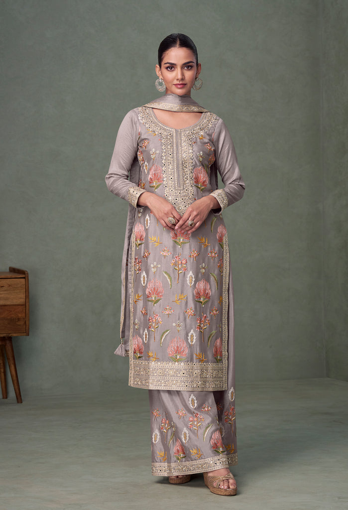Mauve Gray Designer Embroidered Premium Chinon Silk Party Wear Palazzo Suit-Saira's Boutique