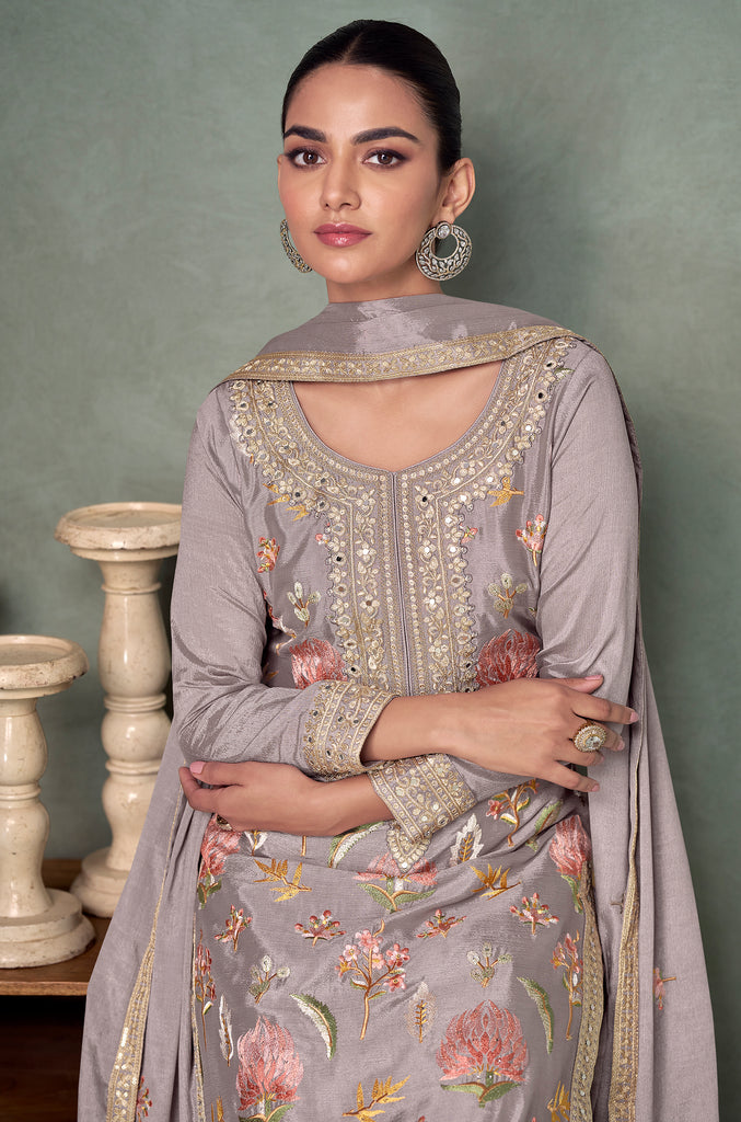 Mauve Gray Designer Embroidered Premium Chinon Silk Party Wear Palazzo Suit-Saira's Boutique