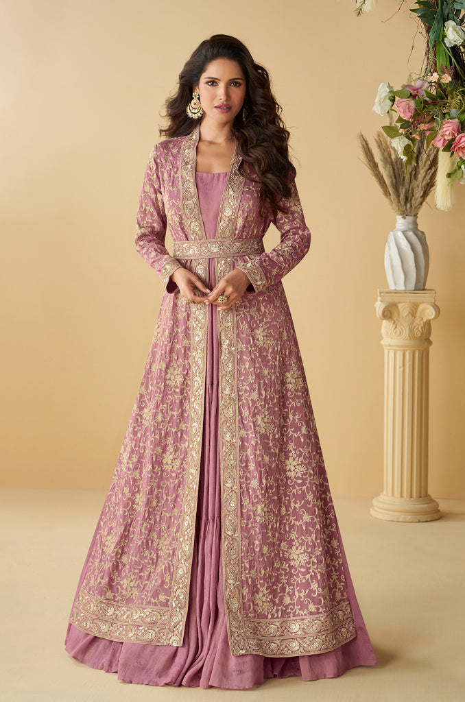 Mauve Rose Designer Embroidered Party Wear Shrug Style Gown with Belt-Saira's Boutique