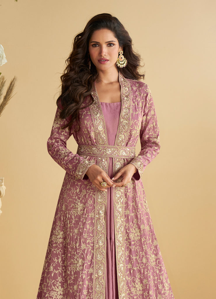 Mauve Rose Designer Embroidered Party Wear Shrug Style Gown with Belt-Saira's Boutique
