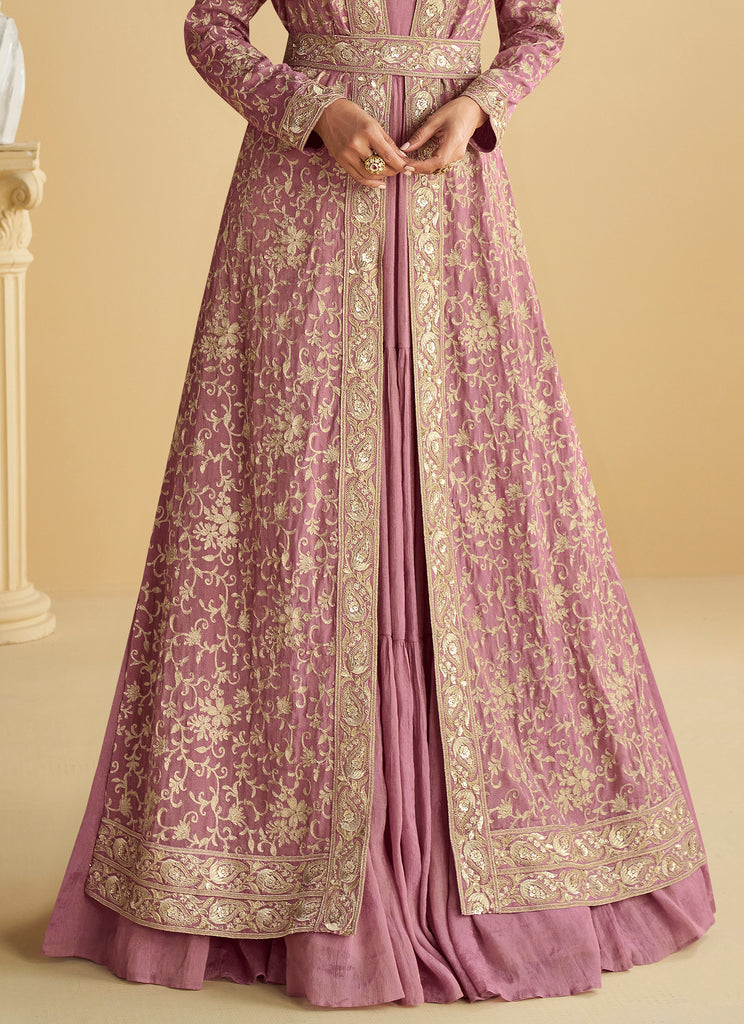 Mauve Rose Designer Embroidered Party Wear Shrug Style Gown with Belt-Saira's Boutique