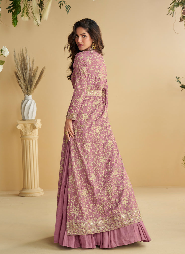 Mauve Rose Designer Embroidered Party Wear Shrug Style Gown with Belt-Saira's Boutique