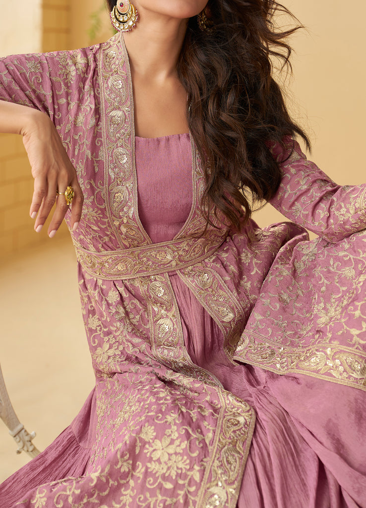 Mauve Rose Designer Embroidered Party Wear Shrug Style Gown with Belt-Saira's Boutique