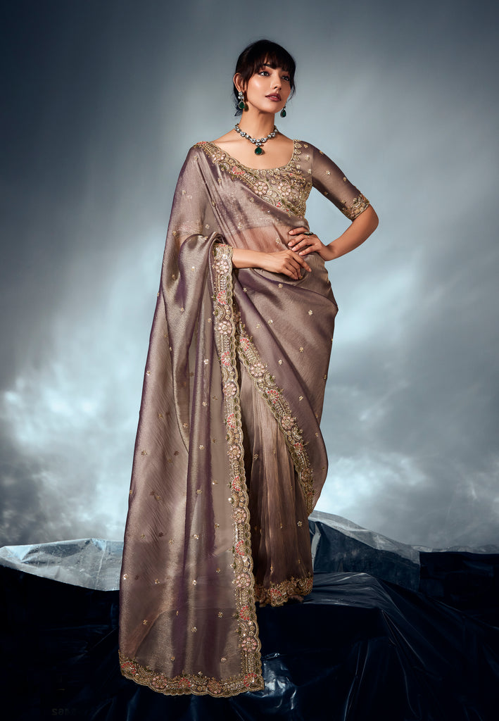 Metallic Taupe Designer Embroidered Tissue Organza Wedding Party Wear Saree-Saira's Boutique