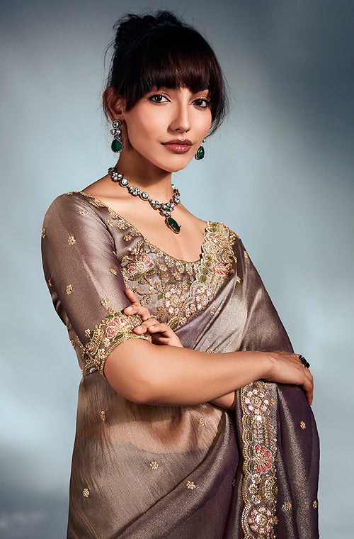 Metallic Taupe Designer Embroidered Tissue Organza Wedding Party Wear Saree-Saira's Boutique