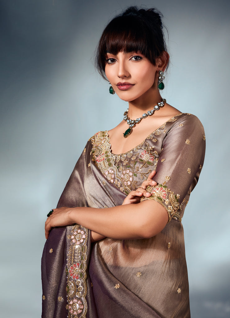 Metallic Taupe Designer Embroidered Tissue Organza Wedding Party Wear Saree-Saira's Boutique