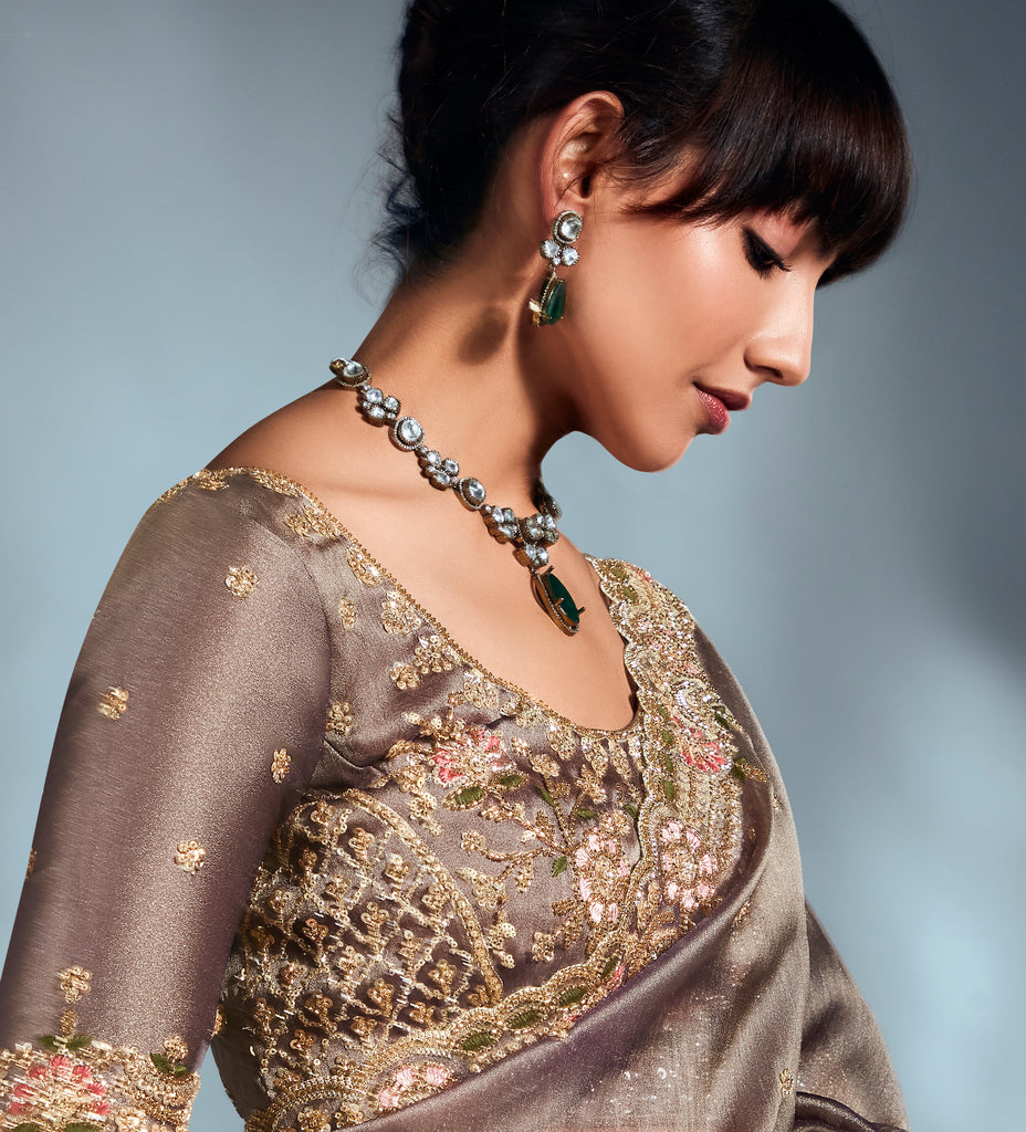 Metallic Taupe Designer Embroidered Tissue Organza Wedding Party Wear Saree-Saira's Boutique