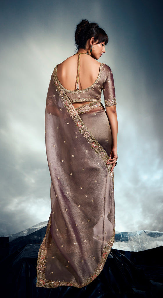 Metallic Taupe Designer Embroidered Tissue Organza Wedding Party Wear Saree-Saira's Boutique
