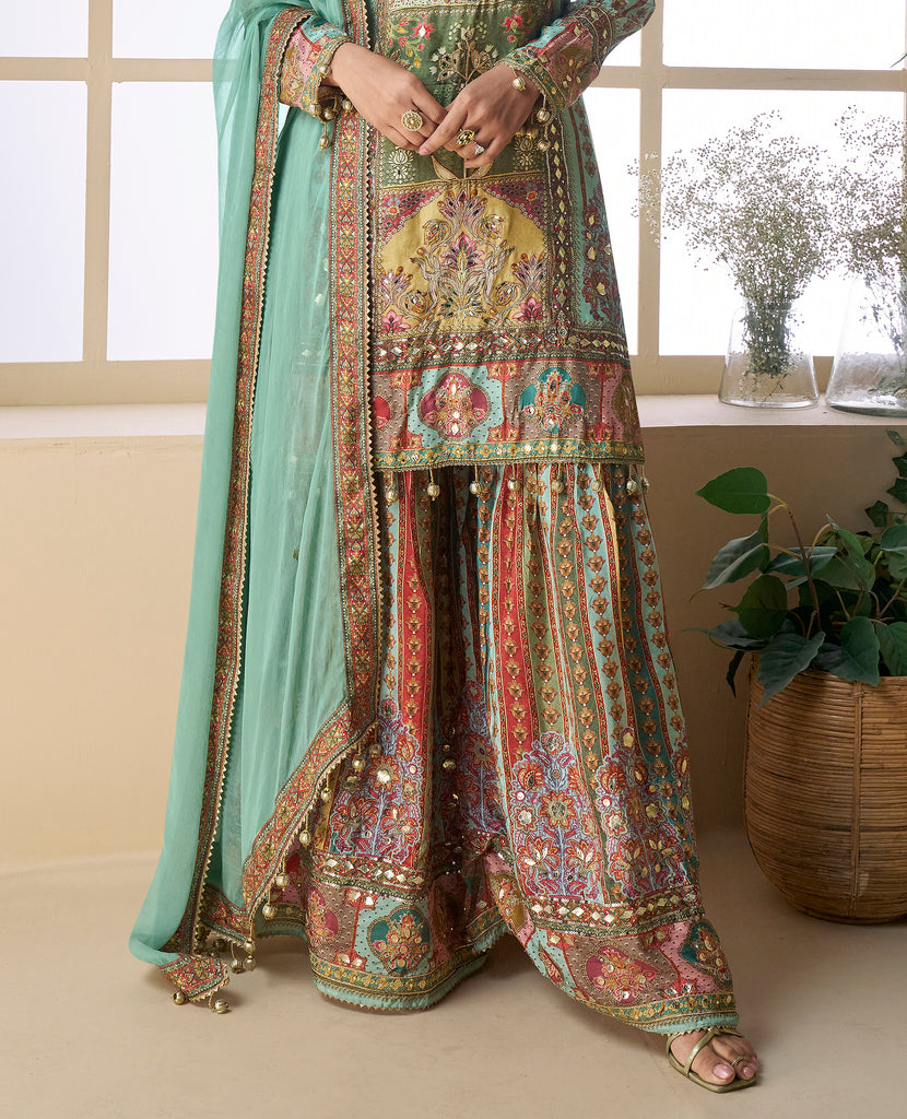 Mint Green Beige Designer Embroidered Pure Crepe Silk Party Wear Gharara Suit-Saira's Boutique