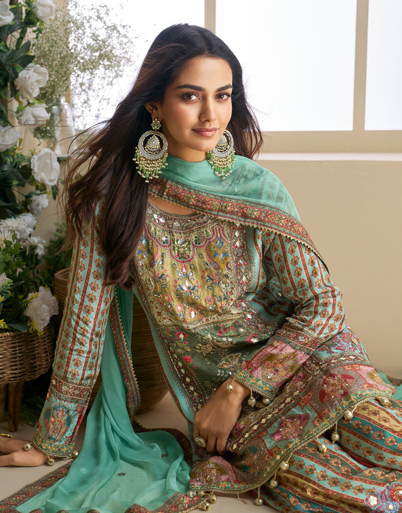 Mint Green Beige Designer Embroidered Pure Crepe Silk Party Wear Gharara Suit-Saira's Boutique