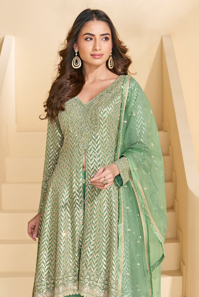 Mint Green Designer Embroidered Pure Georgette Wedding Palazzo Suit-Saira's Boutique