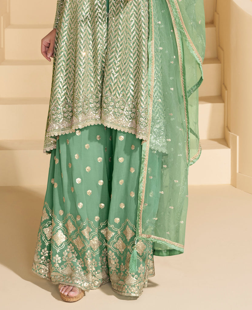 Mint Green Designer Embroidered Pure Georgette Wedding Palazzo Suit-Saira's Boutique