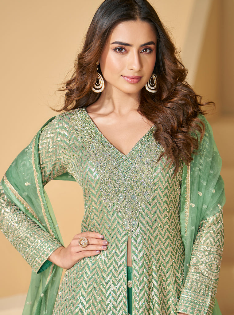 Mint Green Designer Embroidered Pure Georgette Wedding Palazzo Suit-Saira's Boutique