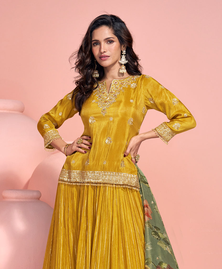 Mustard Designer Embroidered Pure Jacquard Silk Pakistani Style Lehenga-Saira's Boutique