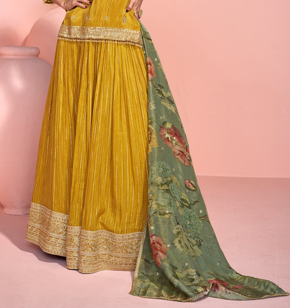 Mustard Designer Embroidered Pure Jacquard Silk Pakistani Style Lehenga-Saira's Boutique