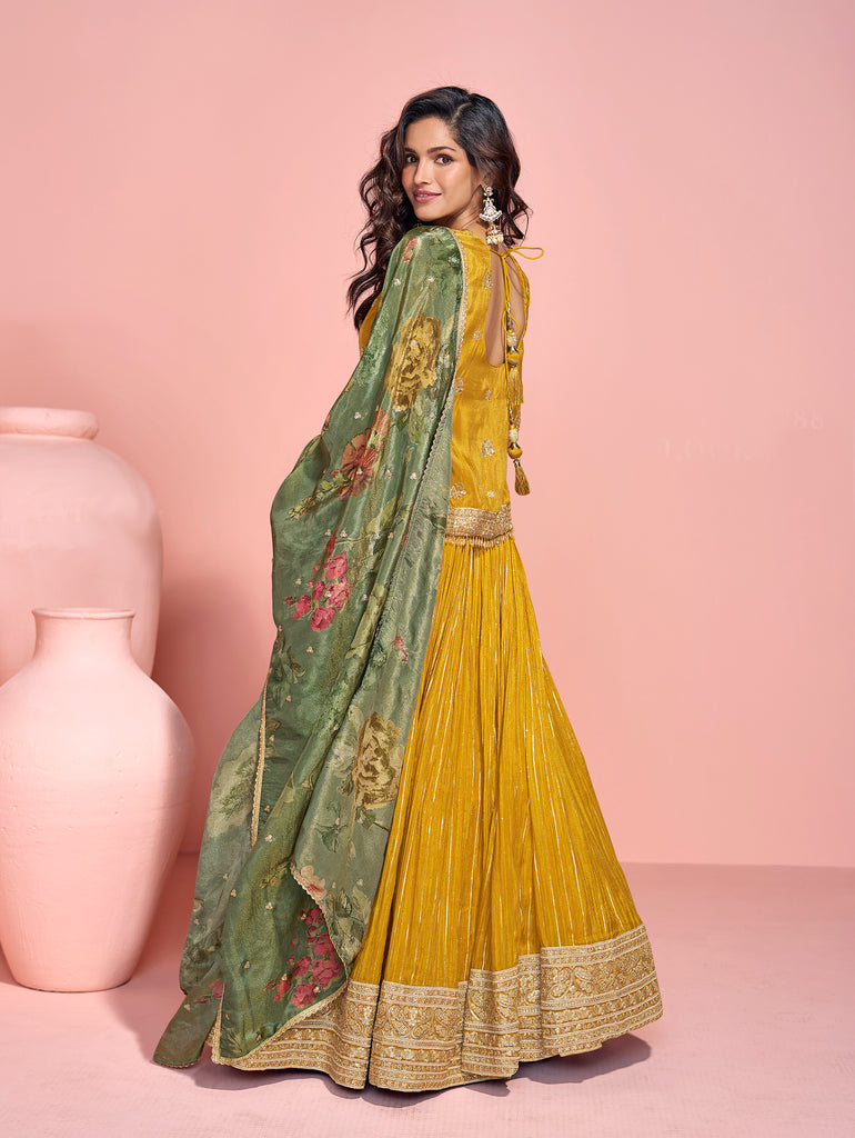 Mustard Designer Embroidered Pure Jacquard Silk Pakistani Style Lehenga-Saira's Boutique