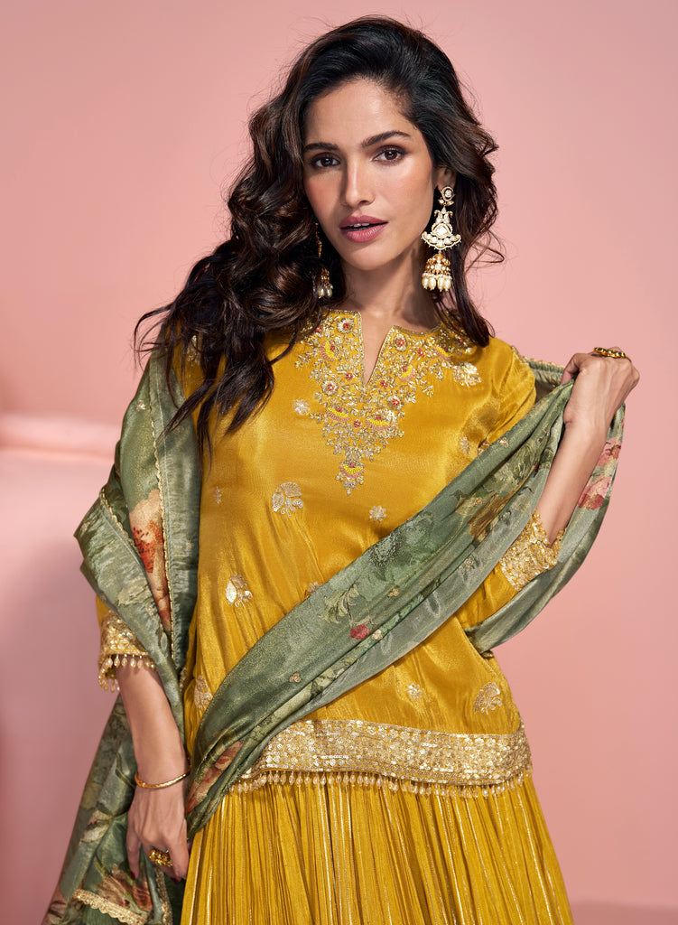 Mustard Designer Embroidered Pure Jacquard Silk Pakistani Style Lehenga-Saira's Boutique