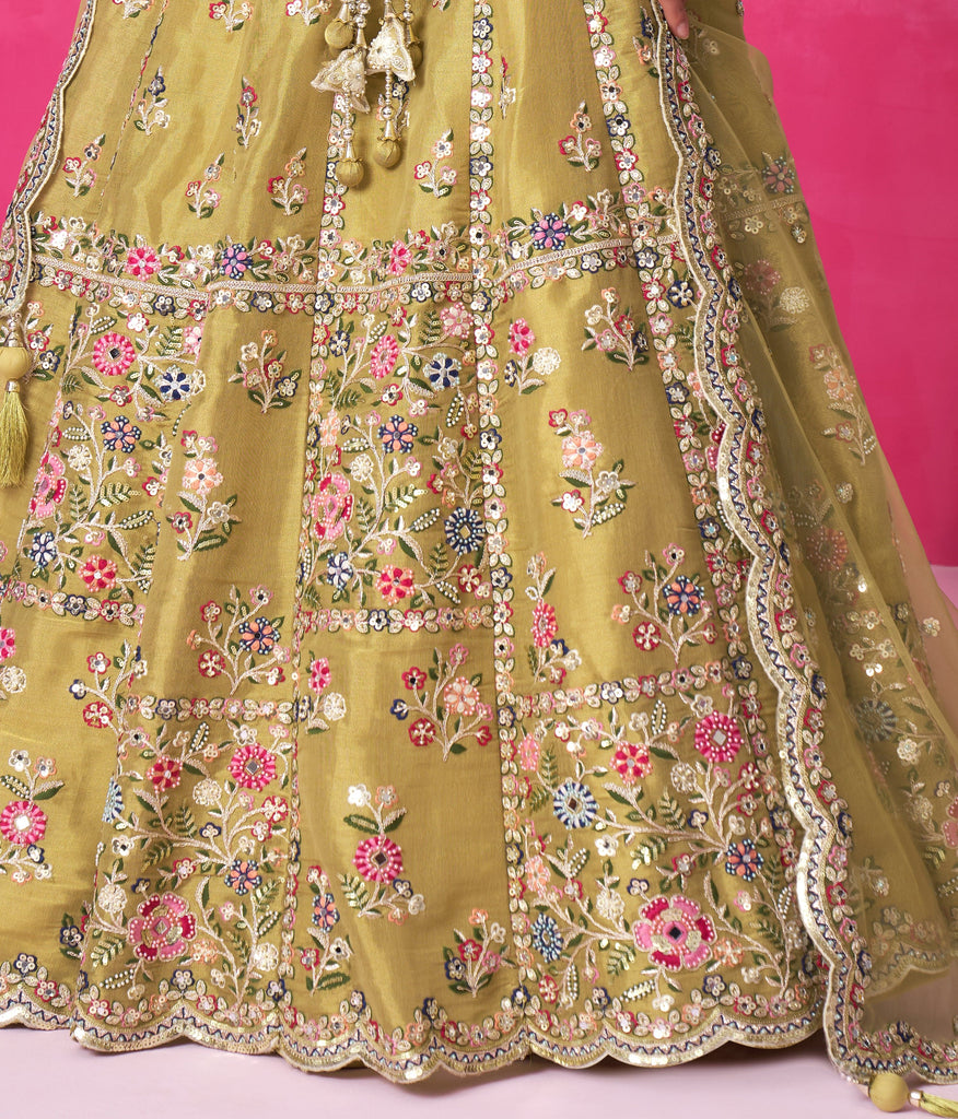 Mustard Designer Embroidered Wedding Bridal Net Lehenga Choli-Saira's Boutique