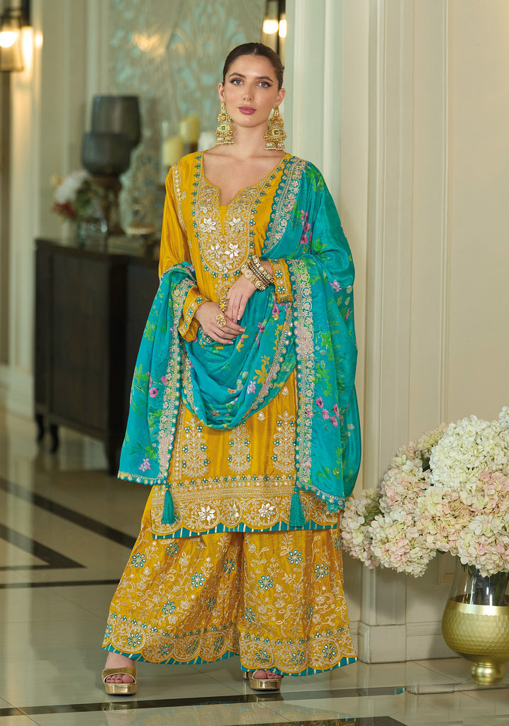Mustard & Sea Green Designer Embroidered Chinon Silk Wedding Sharara Suit-Saira's Boutique