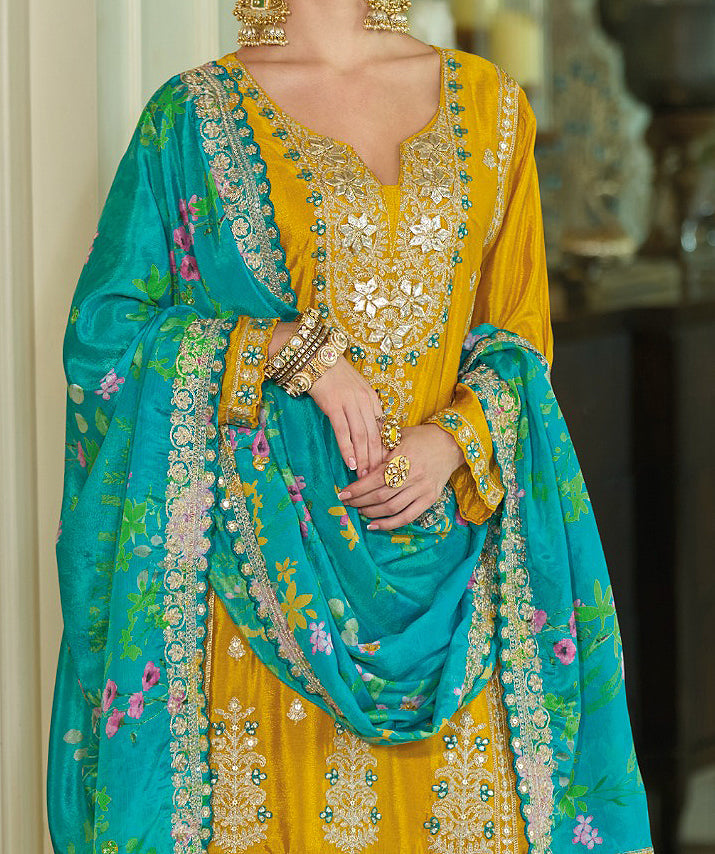 Mustard & Sea Green Designer Embroidered Chinon Silk Wedding Sharara Suit-Saira's Boutique