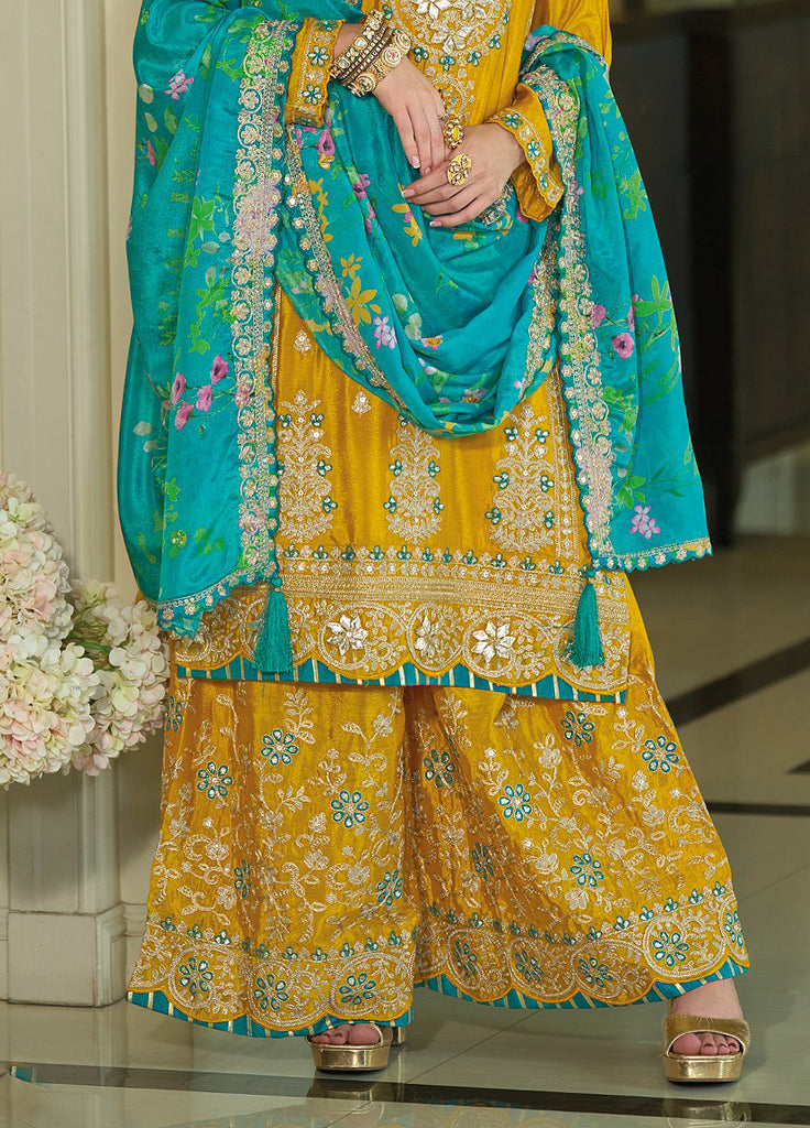 Mustard & Sea Green Designer Embroidered Chinon Silk Wedding Sharara Suit-Saira's Boutique